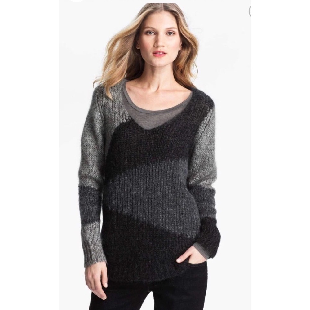 Eileen Fisher Mohair Wool Sweater XS Colorblock Gray Fuzzy Boho Casual Oversized